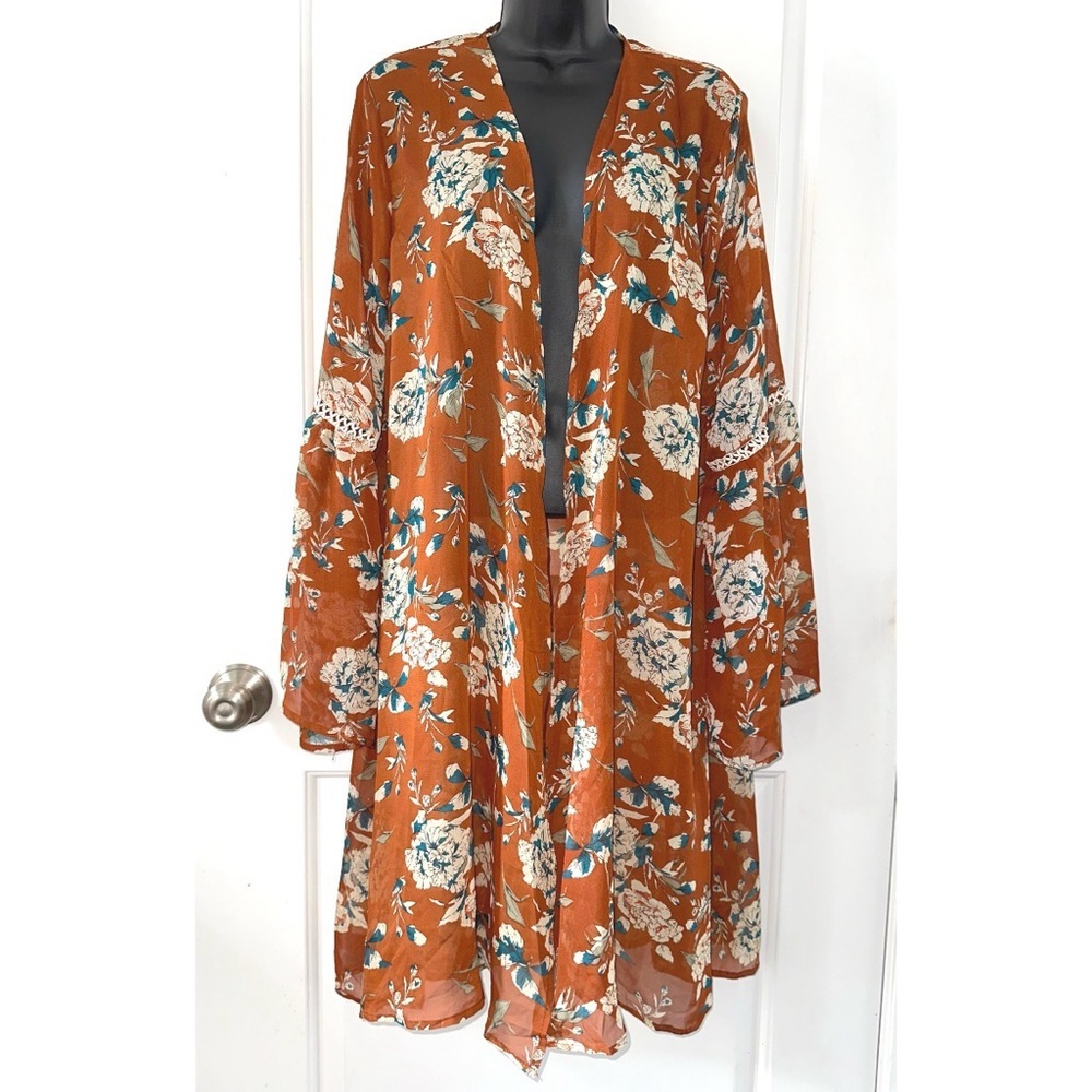 Grace & Emma Brown Floral Print Boho Duster Kimono Shawl